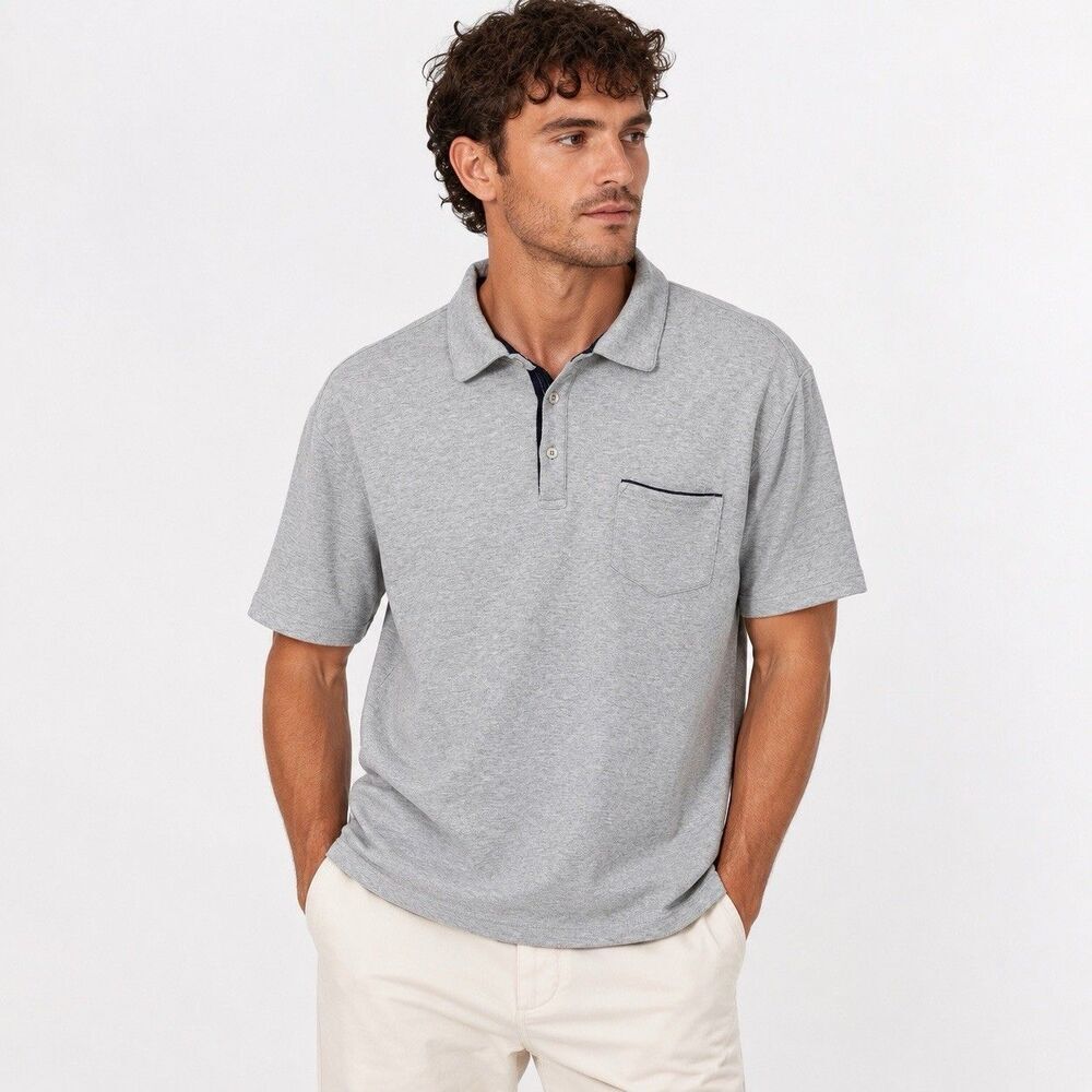 Tahari Mens Polo Shirt XL Heathered Gray Pocket Preppy Golf Soft 100% Cotton